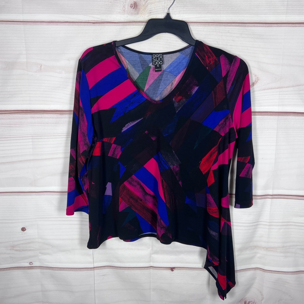 Clara SunWoo Top Women XL Multicolor Abstract Asymmetric Hem V-Neck Blouse Artsy
